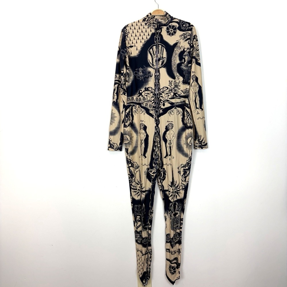 Jean Paul Gaultier Printed Heraldique Long Sleeve High Neck Catsuit XXL Cream - Picture 2 of 16